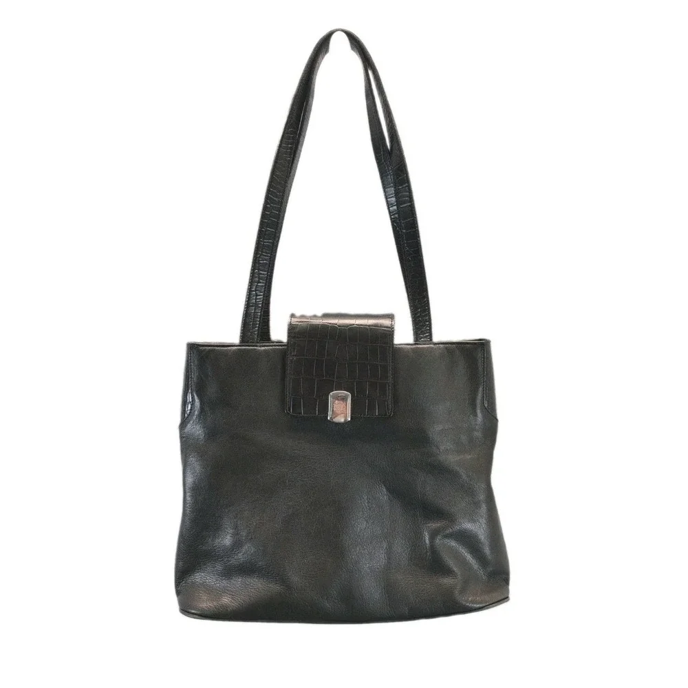 Lauren Ralph Lauren Soft Black leather Shoulder bag crocodile Pattern-embossed